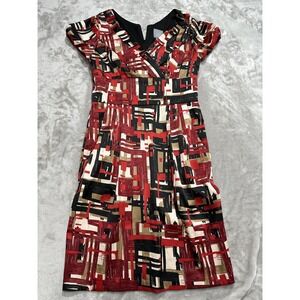 Rabbit Designs Dress Women's Size 6 Multicolor Short Sleeve V-Neck Art EUC